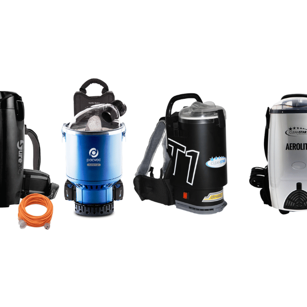 Four backpack vacuum cleaners lined up in a row - Survac Stormpac corded, pacvac superpro go, ghibli T1, aerolite VBP14000