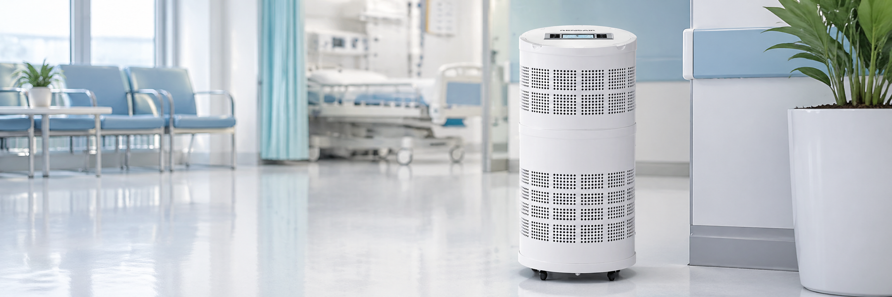 RENSAIR Q01B hospital-grade air purifier positioned in a bright clinical setting with hospital beds and waiting chairs in the background.