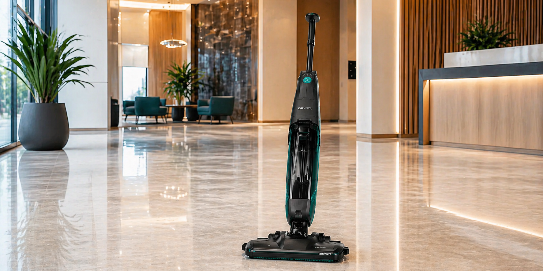 DRYFT commercial floor scrubber on a glossy marble floor in a modern lobby with warm lighting and indoor plants.