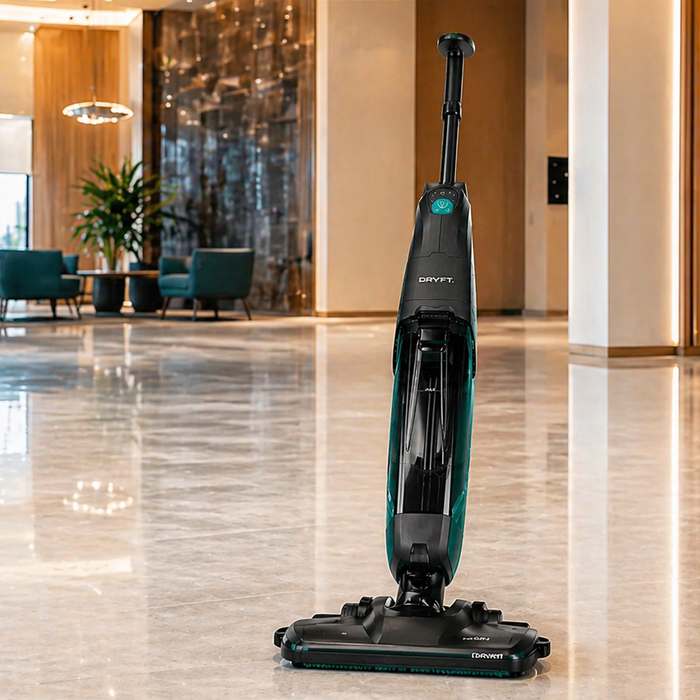 DRYFT commercial floor scrubber on a glossy marble floor in a modern lobby with warm lighting and indoor plants.
