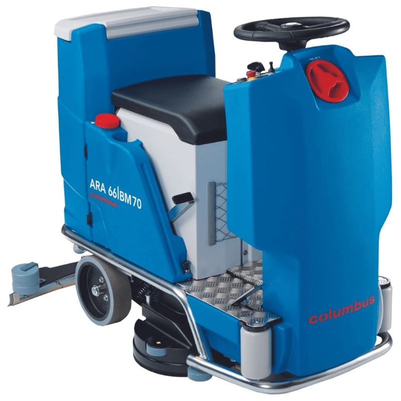 Columbus ARA66BM70 ride on floor scrubber blue in colour on blank white background