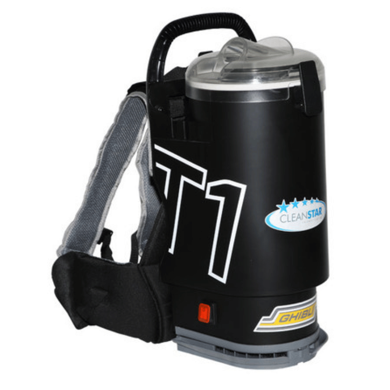 Ghibli T1 Backpack Vacuum Cleaner - black in colour with a clear lid