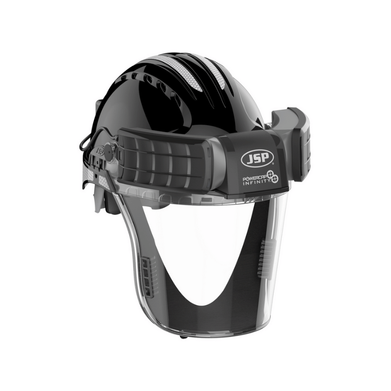 JSP Powercap Infinity HEPA Full Face Respirator black in colour on a blank white background