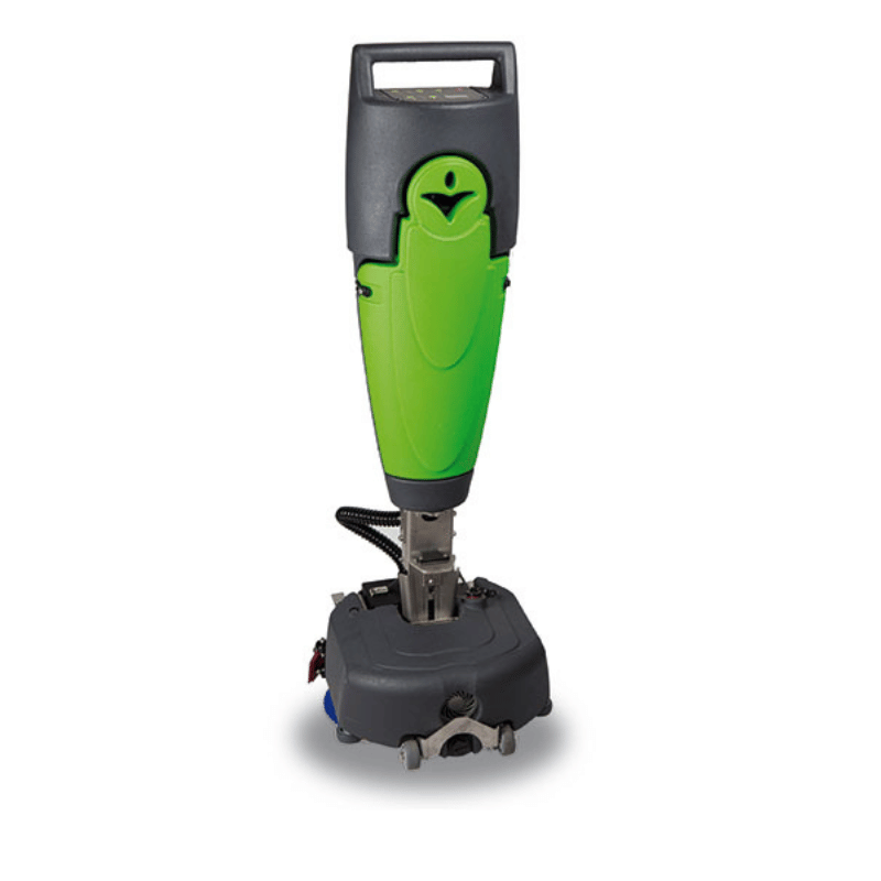 Mira 40 Compact battery powered floor scrubber black and green in colour on blank white background