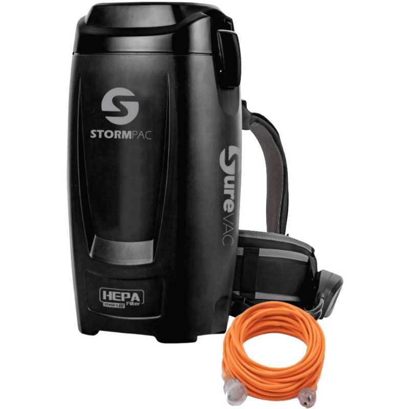 Surevac Stormpac Corded Backpack Vacuum Cleaner black in colour with orange extension lead coiled in front below vacuum cleaner