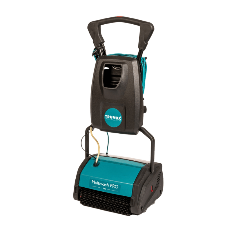Truvox Multiwash pro 340 compact floor scrubber standing upright on a blank white background