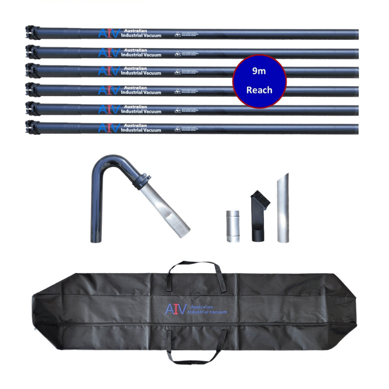 Collection of vacuum cleaning attachments with a carrying case on a white background
