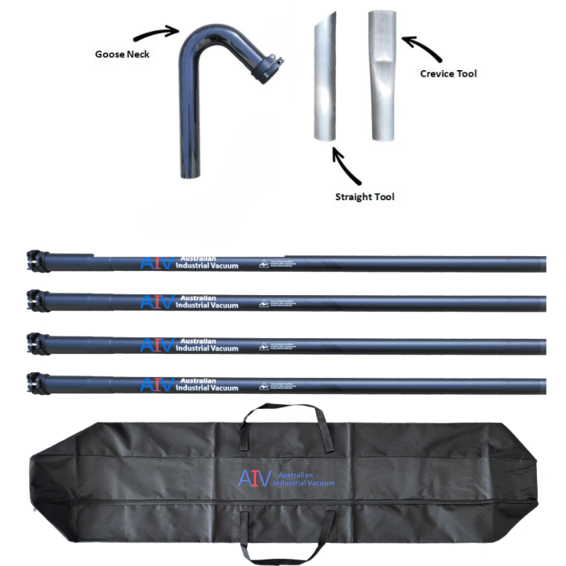 Set of Australian Industrial Vacuum cleaning tools including a goose neck, crevice tool, and straight tool, with a carrying case.