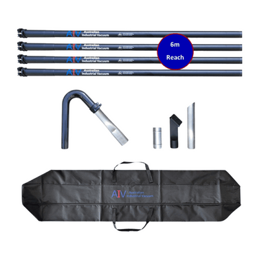 Set of industrial vacuum cleaning tools with extendable poles and accessories on a white background.