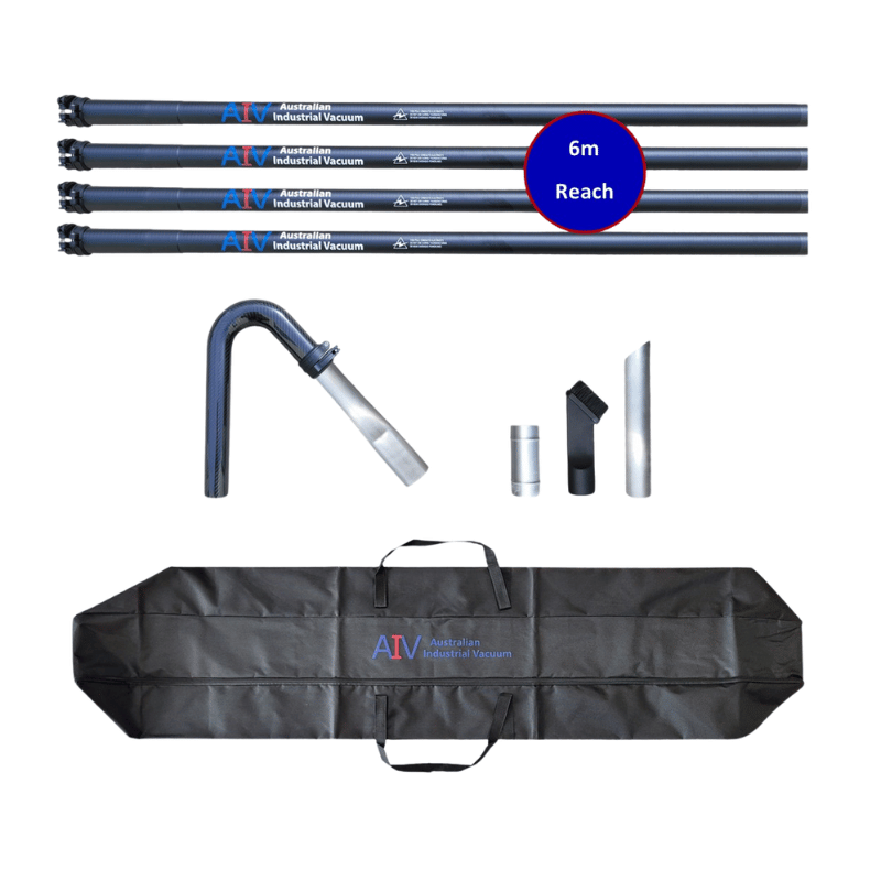 Set of industrial vacuum cleaning tools with extendable poles and accessories on a white background.