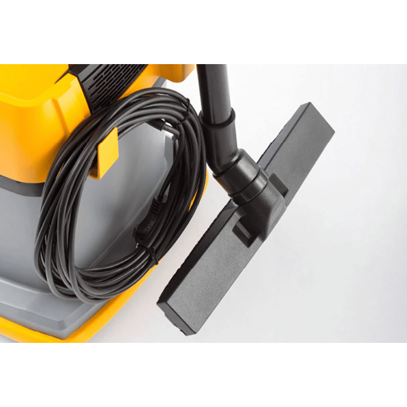 Close-up of the Cleanstar AS5 15L Commercial Plastic Dry Vacuum Cleaner with hose and cord on a white background