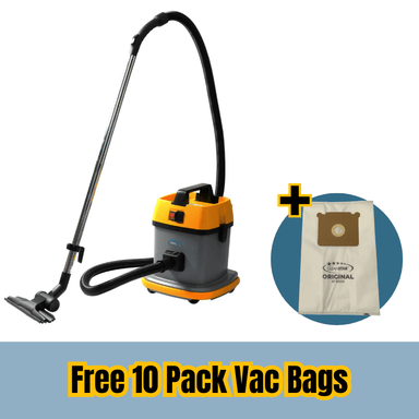 Cleanstar AS5 15L Commercial Plastic Dry Vacuum Cleaner plus free 10 pack of vacuum bags on a white coloured background 