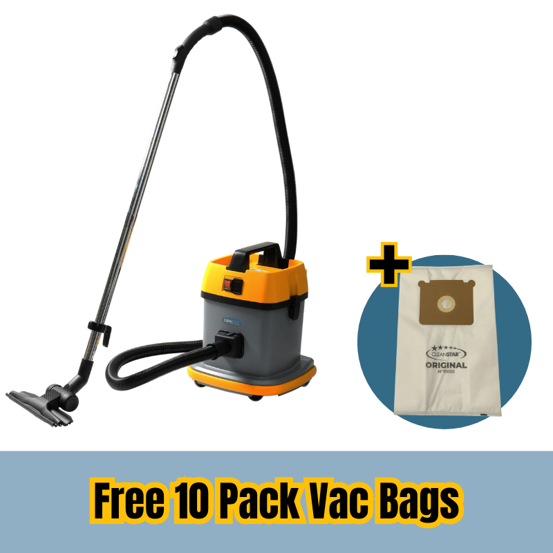 Cleanstar AS5 15L Commercial Plastic Dry Vacuum Cleaner plus free 10 pack of vacuum bags on a white coloured background 