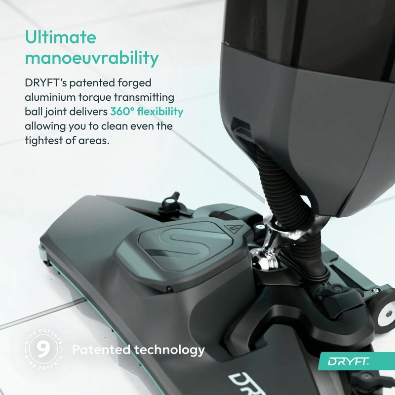 Dryft cleaning device with text highlighting its patented technology and maneuverability.