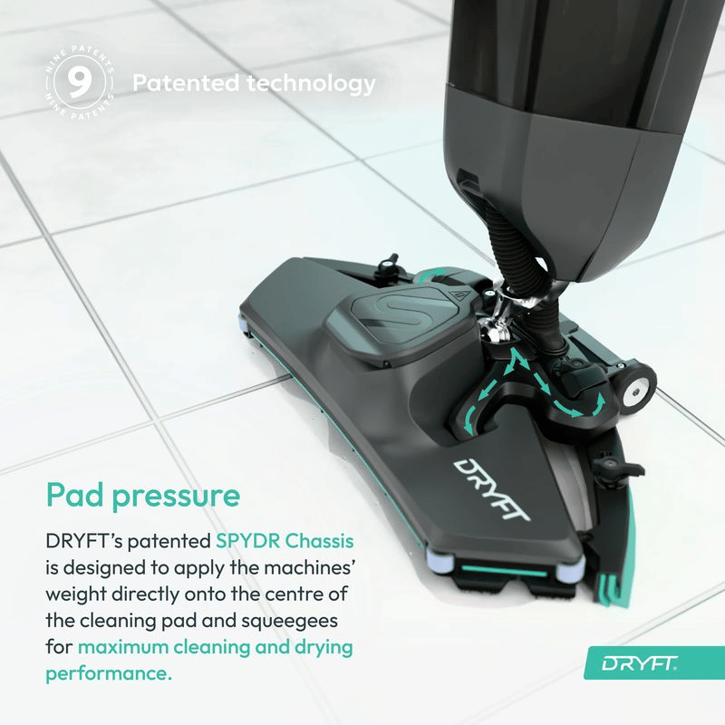 Dryft cleaning machine on a tiled floor with text highlighting patented technology and pad pressure.