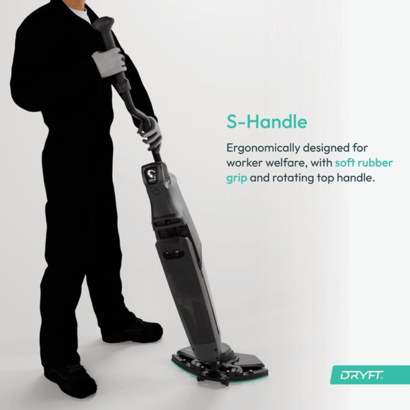 Person using a floor cleaning machine with an S-handle, featuring text about ergonomic design.