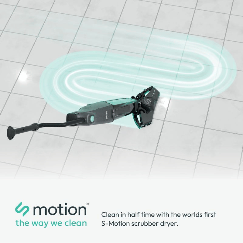 S-Motion scrubber dryer on a tiled floor with glowing path, featuring the 'motion' brand.