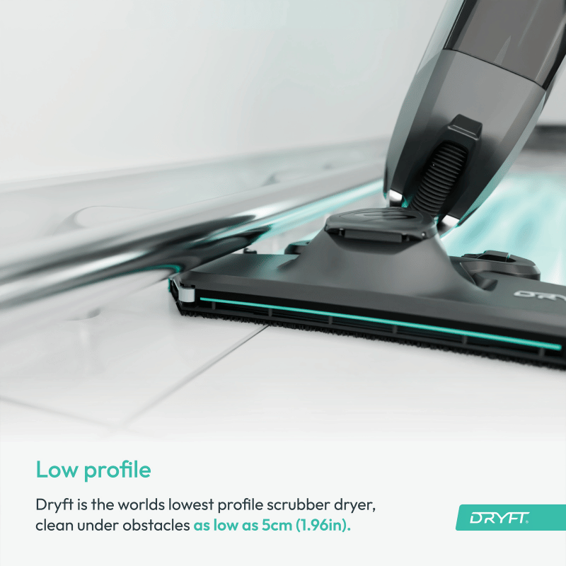 Cleanstar Dryft floor scrubber dryer showing its low profile design to clean under obstacles as low as five centimetres 
