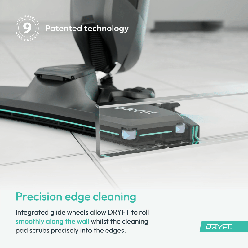 Dryft cleaning tool with text highlighting patented technology and precision edge cleaning on a tiled floor background.