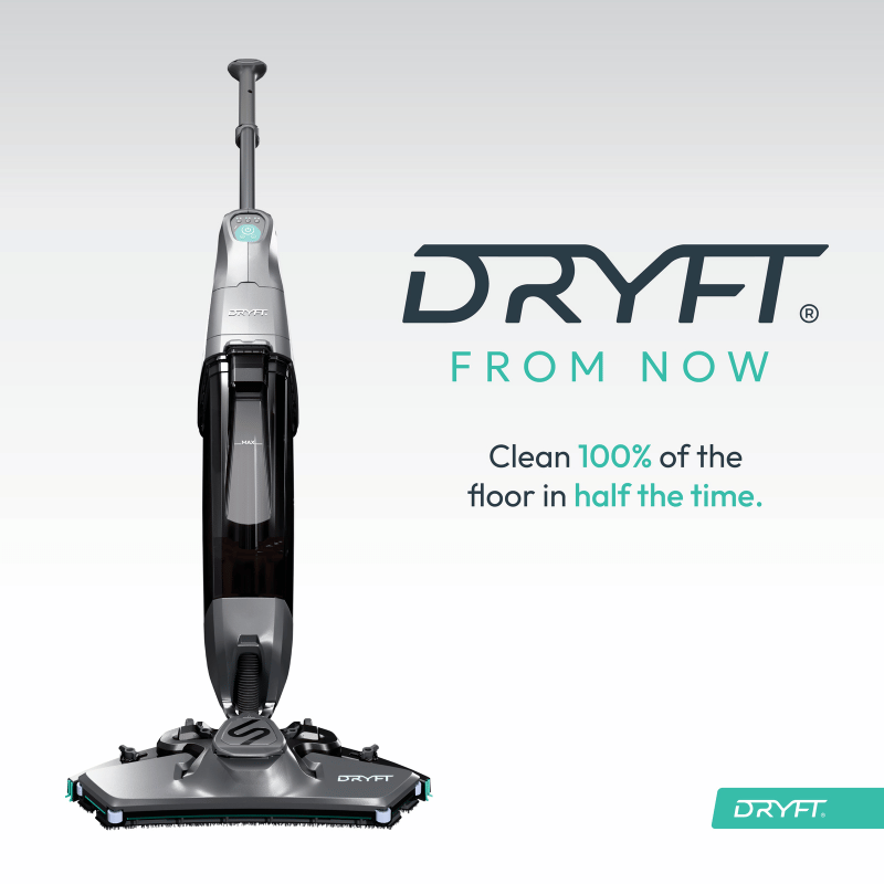 Dryft floor cleaning device with brand name and promotional text on a white background - clean one hundred percent of the floor in half the time
