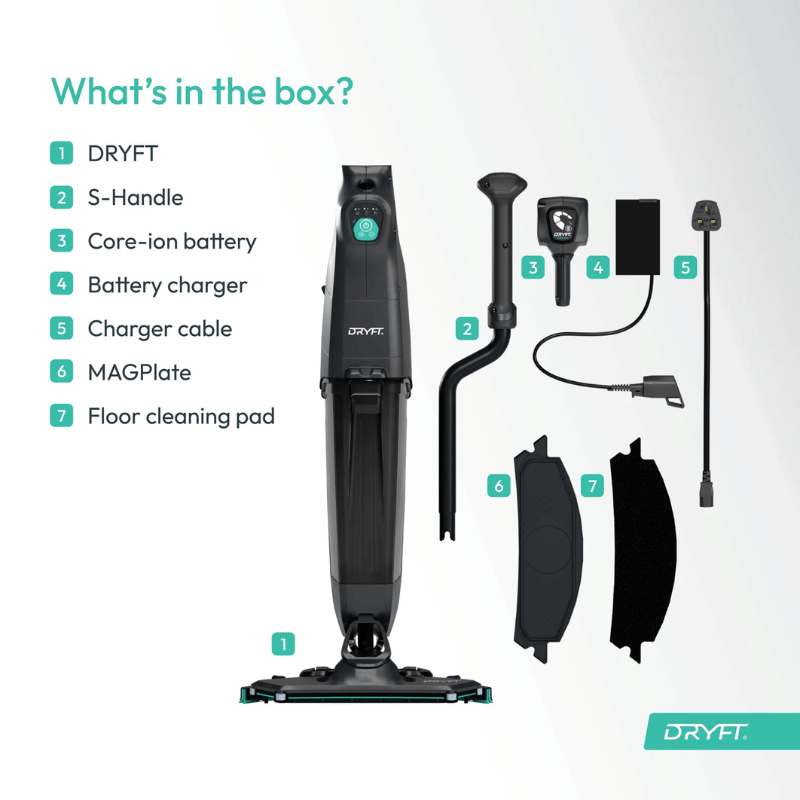 DRYFT cleaning device with accessories on a white background