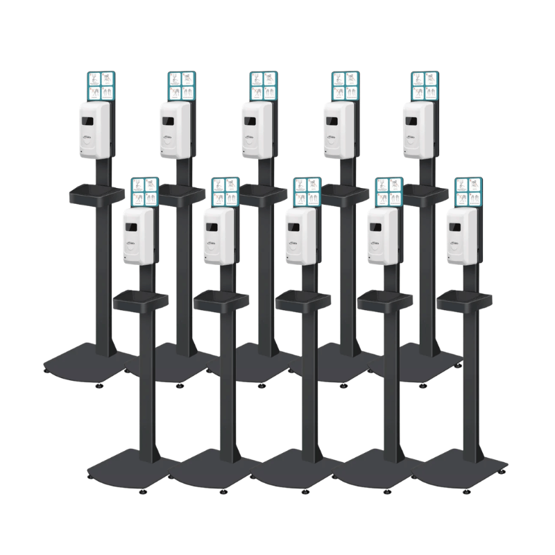 Cleanstar Freestanding Automatic Hand Sanitiser Dispenser Station 10 pack. Ten hand sanitiser dispenser stations all lined up on a blank white background.