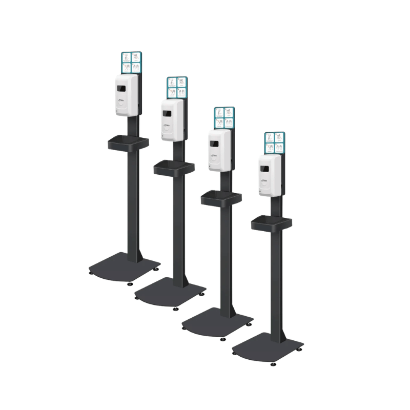 Cleanstar Freestanding Automatic Hand Sanitiser Dispenser Station 4 pack - four hand sanitiser station stands in a row on a blank white background.