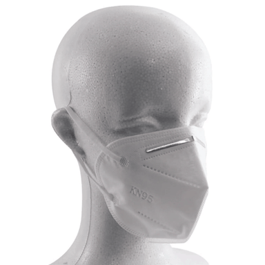 Gray KN95 face mask on a mannequin head against a white background