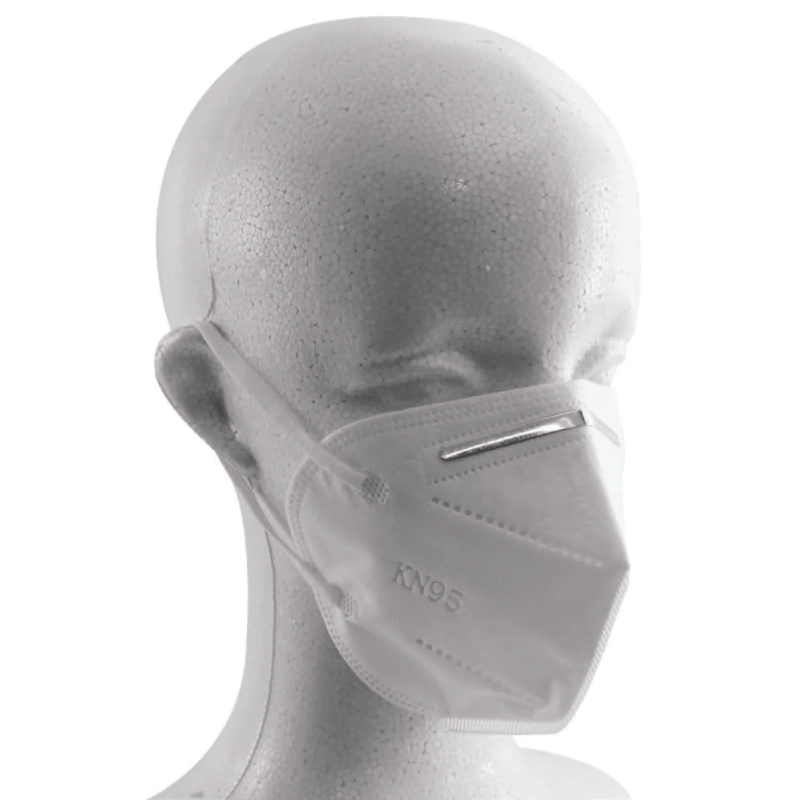 Gray KN95 face mask on a mannequin head against a white background