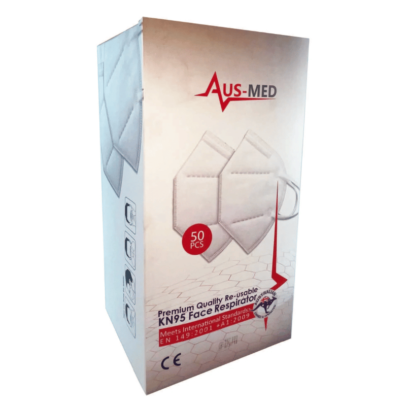Box of Aus-Med premium quality reusable KN95 face respirators on a white background