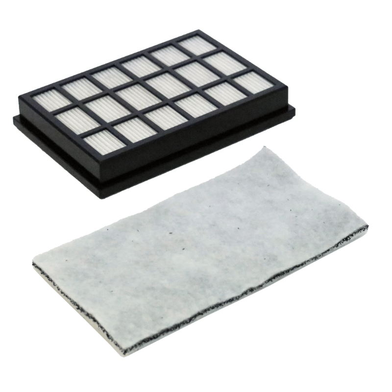 Two air filters, one rectangular and one square with a black border, on a white background.