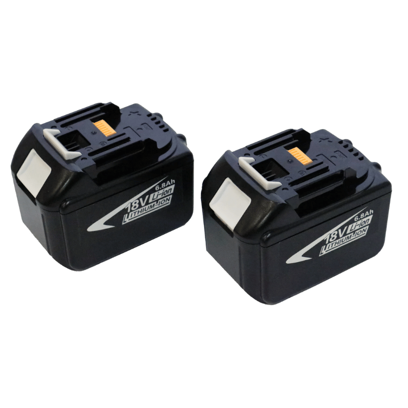 Two black battery packs with '18V' and '6.0Ah' labels on a white background