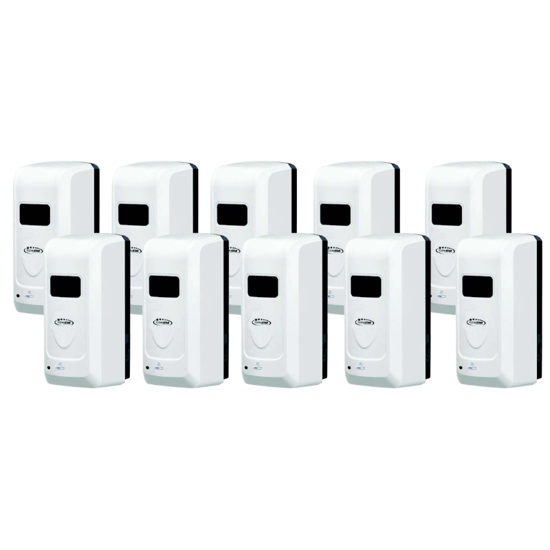 10 x Cleanstar Wall Mounted Touchless Hand Sanitiser and Soap Dispenser on a blank white background. 