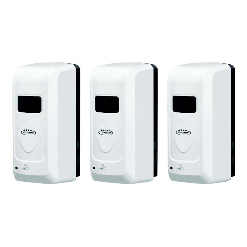 Three Cleanstar Wall Mounted Touchless Hand Sanitiser and Soap Dispenser on a white background