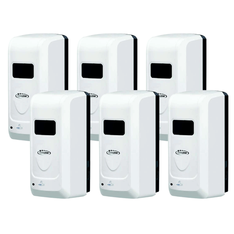 6 x Cleanstar Wall Mounted Touchless Hand Sanitiser and Soap Dispenser on a blank white background.