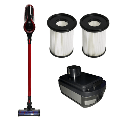 Cleanstar VGALAXY stickvac with two filters and a battery pack on a white background