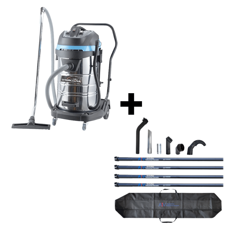 Dashclean B300 3 phase vacuum cleaner with AIV carbon fibre gutter vacuuming pole attachments on a white coloured background. 