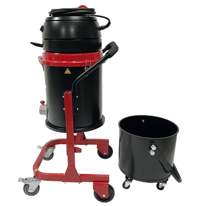 Dashclean S2 Single-phase Industrial Vacuum Cleaner side profile with catch dump detached red and black in colour