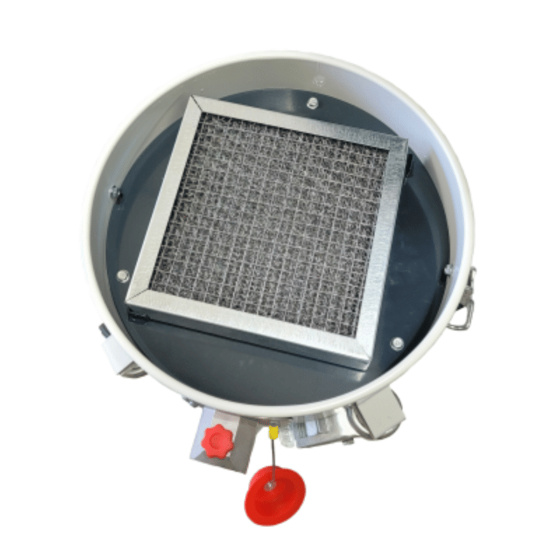Round metal filter with a rectangular mesh filter inside on a white background