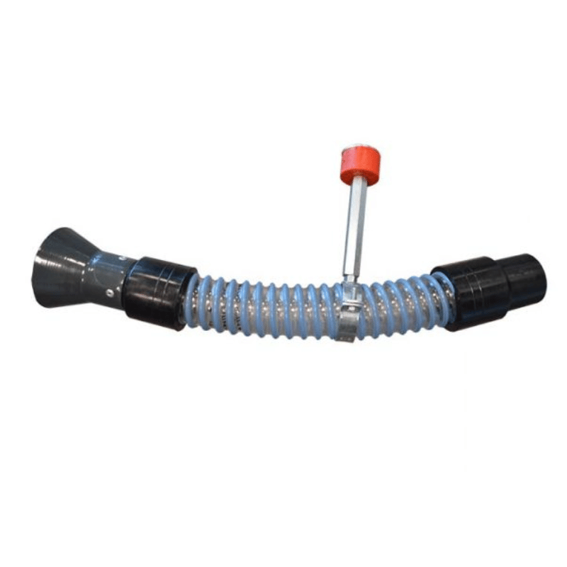 Flexible hose with black connectors and a red cap on a white background
