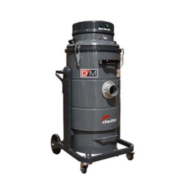 A large gray industrial vacuum cleaner on a wheeled metal cart, with a cylindrical canister body, top motor housing, hose connection and visible Deltin and DM branding on a plain white background.