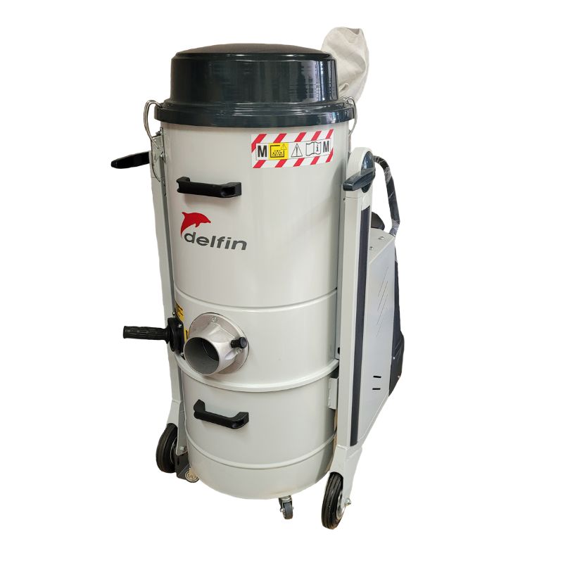 A Delfin MTL4535 industrial vacuum cleaner with a white cylindrical canister body, black top lid, and a wheeled transport frame with side handle, shown on a plain white background.