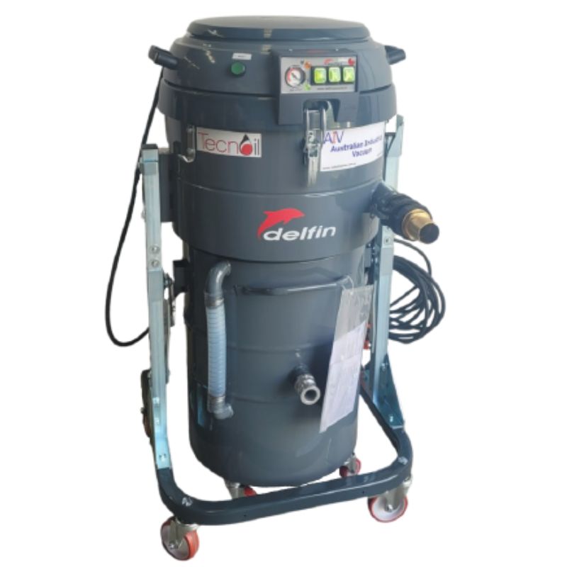 Delfin TC100 Tecnoil Oil and Chips Industrial Vacuum with Pump front view on blank white background. 