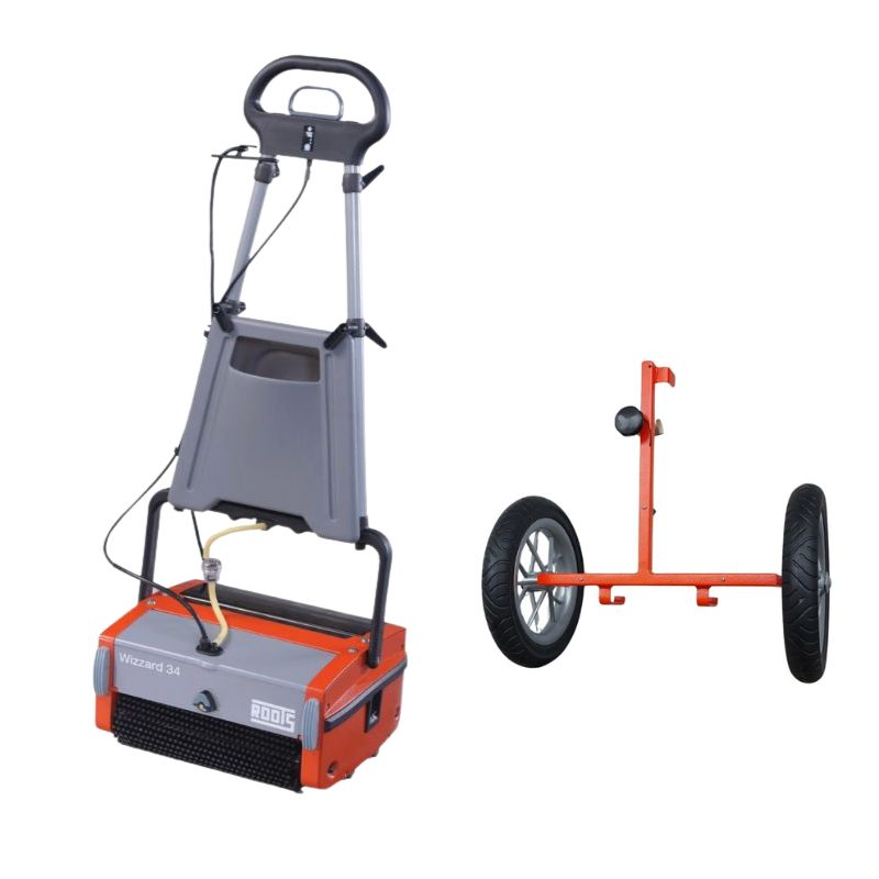 Hako Wizzard W24N Compact Floor Scrubber plus free trolly on blank white background. 
