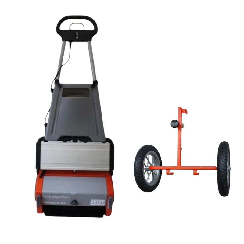 Hako Wizzard W34B Compact Floor Scrubber plus free trolley on blank white background. 