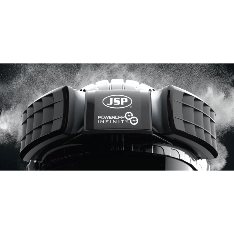 JSP Powercap Infinity HEPA Full Face Respirator with a black and white background