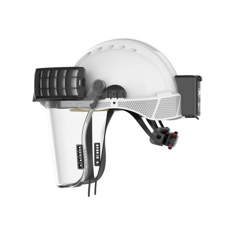 JSP Powercap Infinity HEPA Full Face Respirator side view white in colour on blank white background