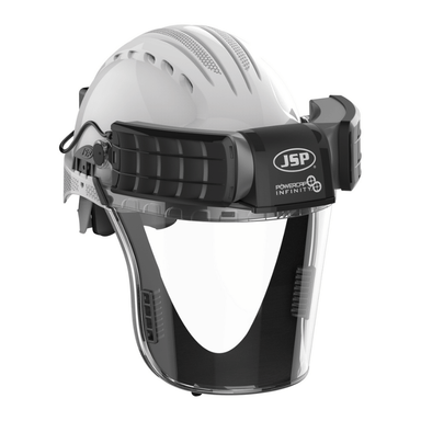 JSP Powercap Infinity HEPA Full Face Respirator white in colour on blank white background 