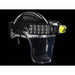 JSP Powercap Infinity HEPA Full Face Respirator black in colour with a yellow head torch mounted on a black background