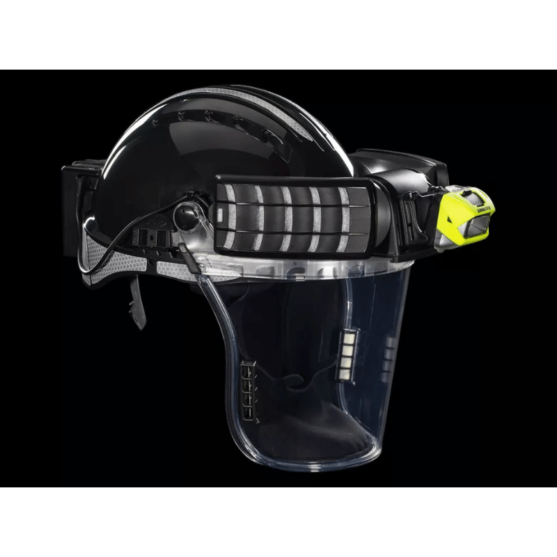 JSP Powercap Infinity HEPA Full Face Respirator black in colour with a yellow head torch mounted on a black background